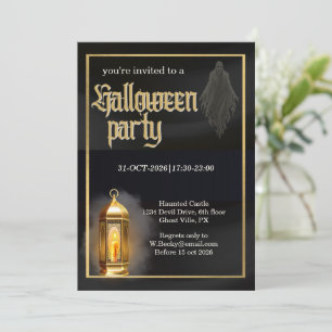 Elegant Spooky Black Gold Lantern Halloween Party Invitation