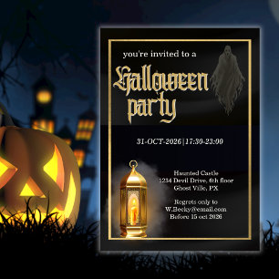 Elegant Spooky Black Gold Lantern Halloween Party Invitation