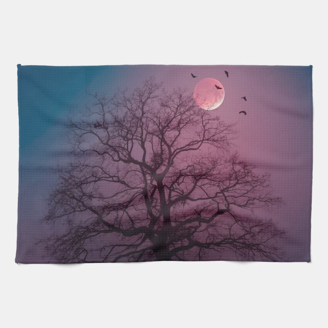 Elegant Spooky Halloween Theme Tree Moon Artwork Kitchen Towel (Horizontal)