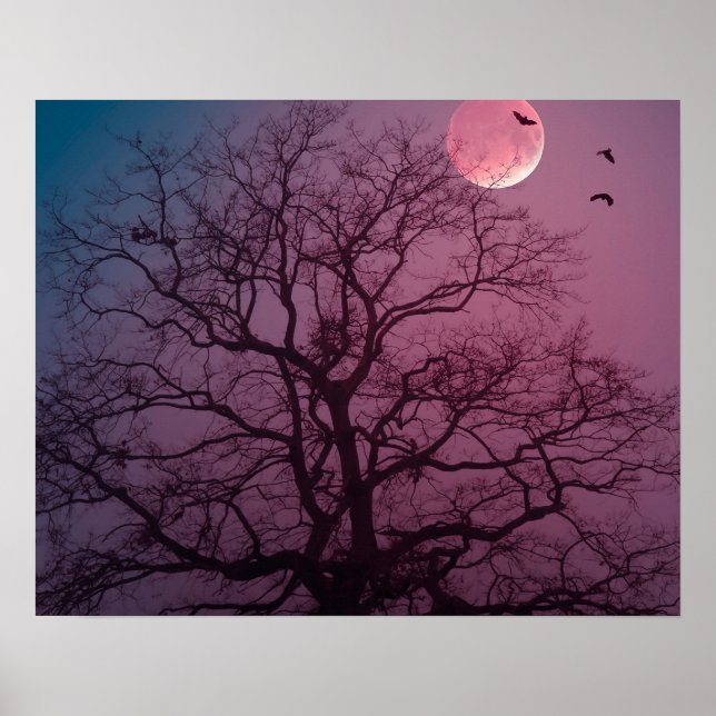 Elegant Spooky Halloween Theme Tree Moon Artwork Poster (Front)