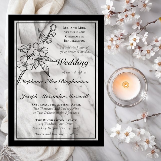 Elegant Spring Blossoms Black White Formal Wedding Acrylic Invitations (Elegant Line Art Spring Blossoms Floral Formal Wedding Black on Clear Acrylic Invitations)