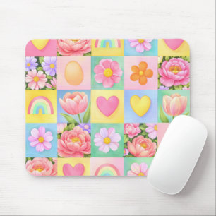 Elegant Spring Blossoms Heart Checkerboard Pattern Mouse Pad