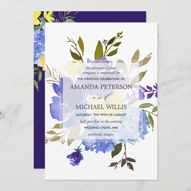 Elegant spring blue and yellow flowers wedding invitation (Front/Back)