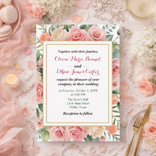 Elegant spring Blush Floral Gold Frame Wedding  Invitation