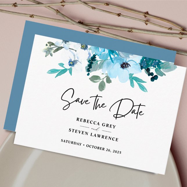 Elegant spring dusty blue white floral wedding save the date (Creator Uploaded)