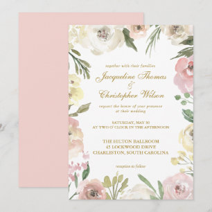 Elegant Spring Floral Blush Pink Gold Wedding Invitation