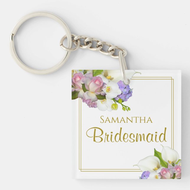 Elegant Spring Floral Bridesmaid Favour with Name Keychain (Front)