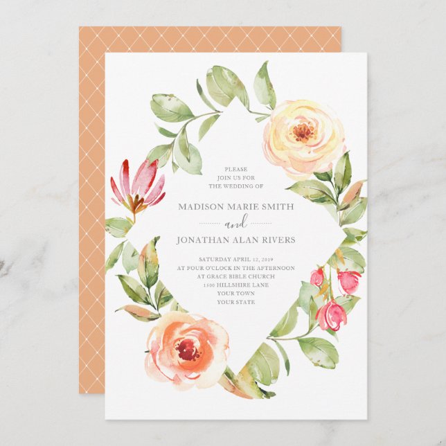 Elegant Spring Floral Diamond Peach Wedding Invitation (Front/Back)