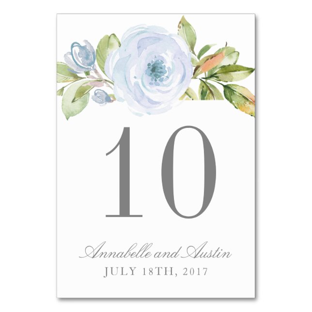 Elegant Spring Floral Dusty Blue Wedding Table Number (Front)
