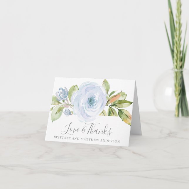 Elegant Spring Floral Dusty Blue Wedding Thank You (Front)
