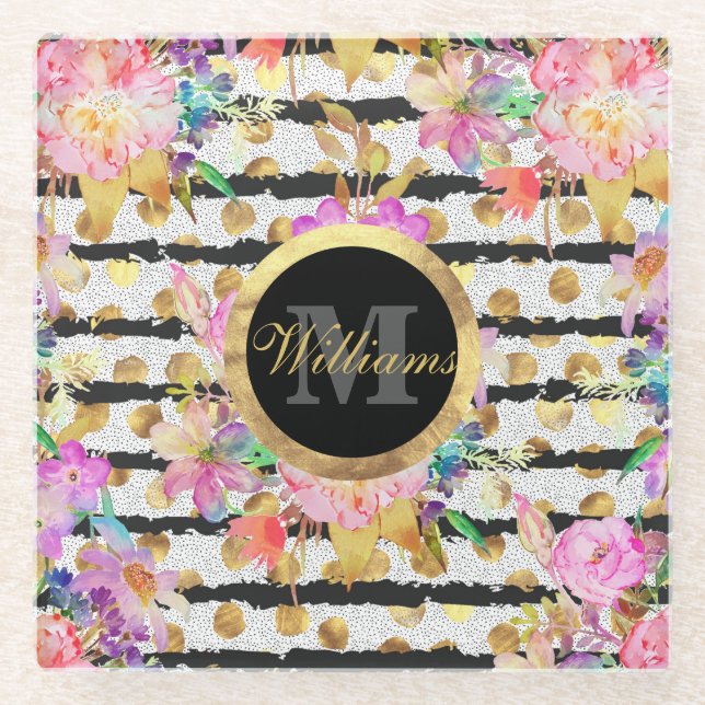 Elegant spring flowers and stripes design glass coaster (Front)