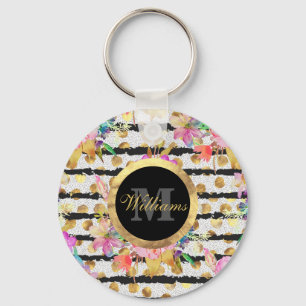 Elegant spring flowers and stripes design keychain