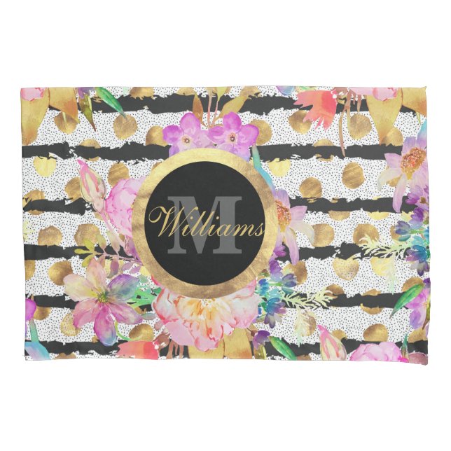 Elegant spring flowers and stripes design pillowcase (Front)