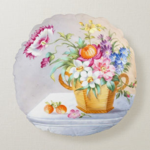 Elegant Spring Garden Flower Basket & Strawberries Round Pillow