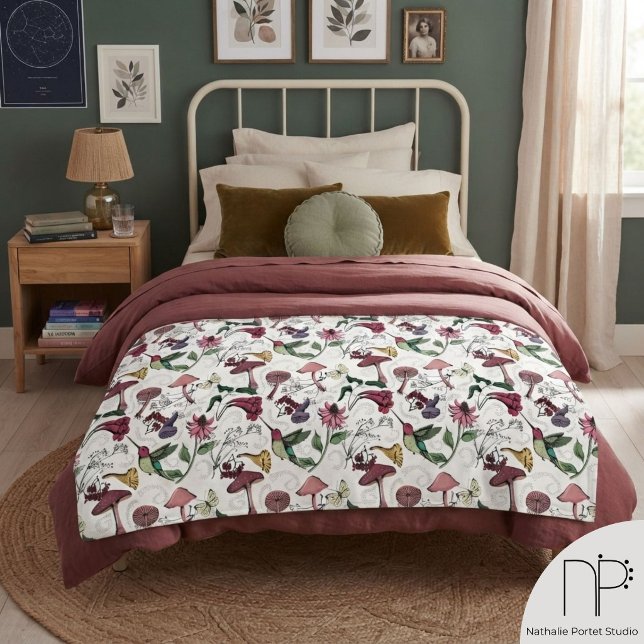 Elegant Spring Garden Hummingbird Fleece Blanket (Hand-drawn ink hummingbird bignonia flower mushroom sage green botanical fleece blanket)