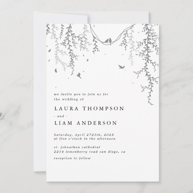 Elegant spring greenery and bird invitation (Front)