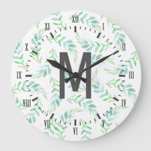 Elegant Spring Greenery Watercolor Laurels & Grey Large Clock