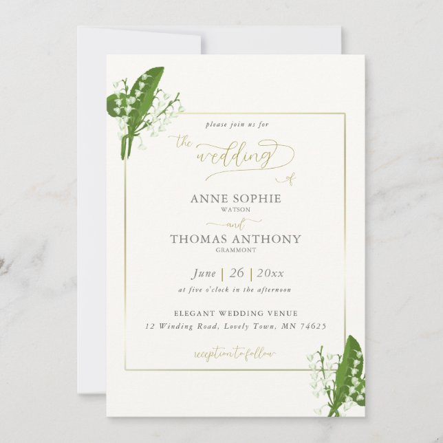 Elegant Spring Lily of the Valley Gold Wedding Invitation (Front)