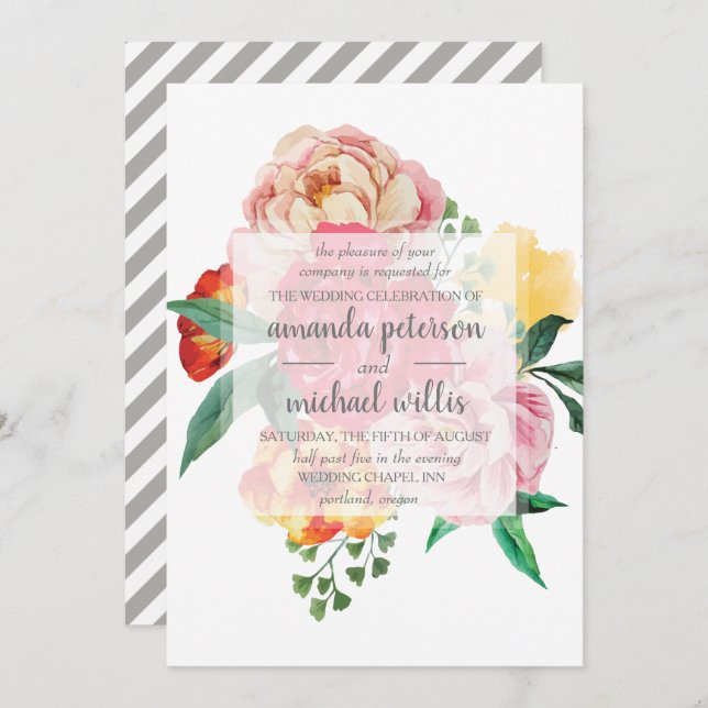 Elegant spring peonies and leaves flowers wedding invitation (Front/Back)