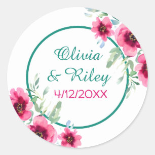 Elegant Spring Pink Floral Wedding Date Classic Round Sticker