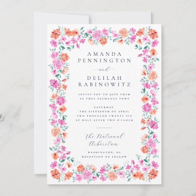 Elegant Spring Pink Orange Flowers Lesbian Wedding Invitation (Front)