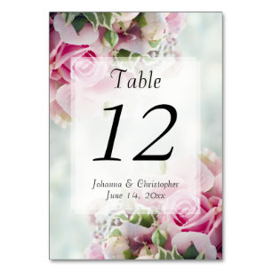 Elegant Spring Pink Roses on Teal Floral Wedding Table Number