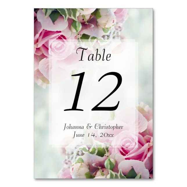 Elegant Spring Pink Roses on Teal Floral Wedding Table Number (Front)