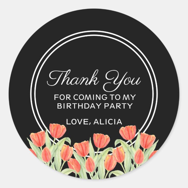 Elegant Spring Red Tulip Flora Black Thank You Classic Round Sticker (Front)