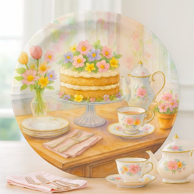 Elegant Spring Tea Party  Paper Plate (watercolor spring tea party paper plate mockup)