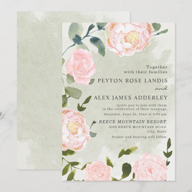 Elegant Springtime Blush Pink Floral Wedding Invitation (Front/Back)