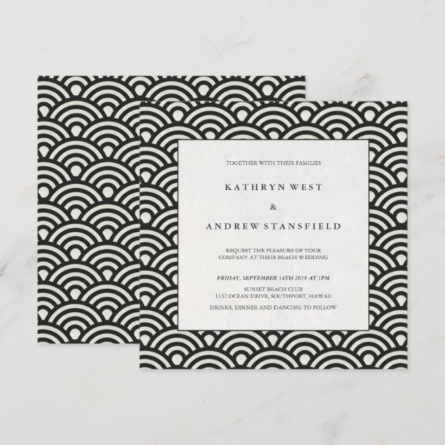 Elegant Square Black and White Patterned Wedding Invitation (Front/Back)