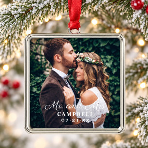 Elegant Square Mr and Mrs Wedding Photo Name Metal Ornament