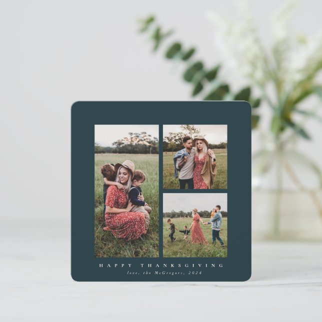 Elegant Square Triple Photo Happy Thanksgiving Card (Standing Front)