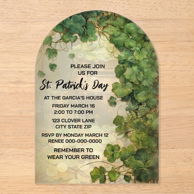 Elegant St. Patrick’s Day Green Clover Invitation  (Front)