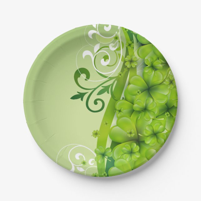 Elegant St. Patrick's Day Shamrocks and Scrolls Paper Plate (Front)