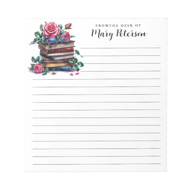 Elegant Stack Of Books Roses And Glasses Notepad (Front)