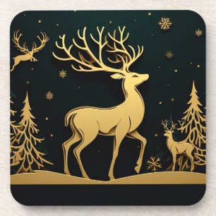 Elegant Stag – Golden Forest Silhouette Coaster