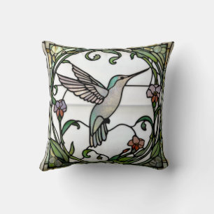 Elegant stain glass art nouveau hummingbird throw pillow