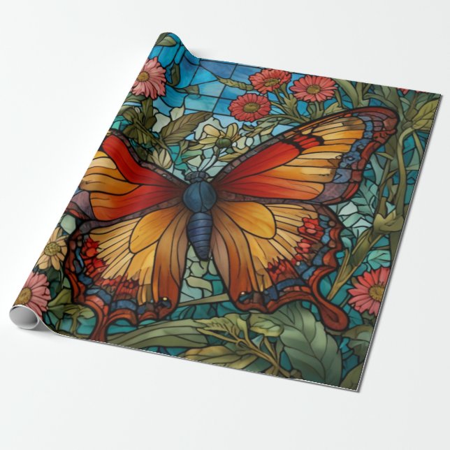 Elegant stain glass butterfly garden wrapping paper (Unrolled)