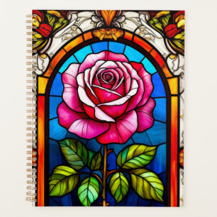 Elegant Stained Glass Artwork of a Vibrant Rose Planner