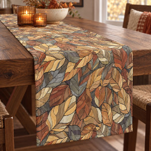 Elegant Stained Glass Fall Leaves - Rustic Autumn Short Table Runner