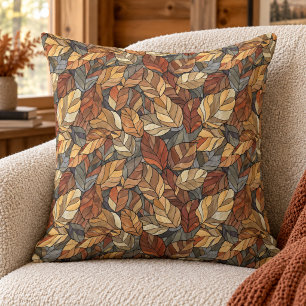 Elegant Stained Glass Fall Leaves - Rustic Autumn Throw Pillow