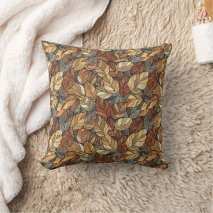 Elegant Stained Glass Fall Leaves - Rustic Autumn Throw Pillow
