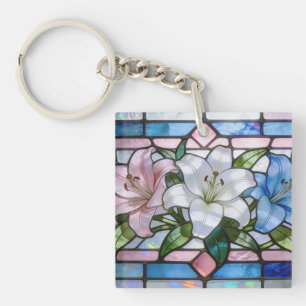 Elegant Stained Glass Lily Floral Design in Soft P Keychain