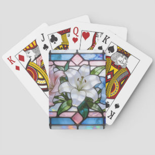 Elegant Stained Glass Lily Floral Design in Soft P Playing Cards