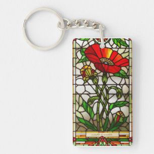 Elegant Stained Glass Red Flower Keychain