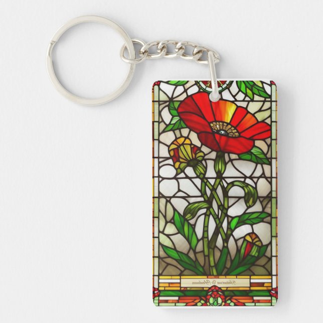 Elegant Stained Glass Red Flower Keychain (Front)