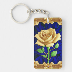 Elegant Stained Glass Window With Golden Rose Keychain