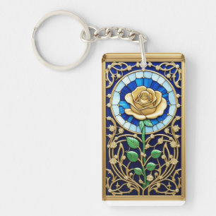 Elegant Stained Glass Window With Golden Rose Keychain