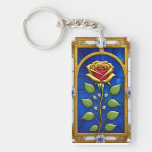 Elegant Stained Glass Window With Golden Rose Keychain